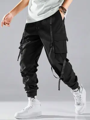 Men's Regular Fit Solid Multiple Pocket Drawstring Waist Cargo Pants, Casual Comfy Jogger Pants, Woven Bottoms for All Season...