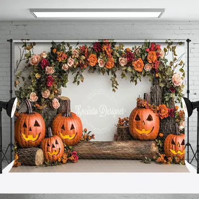 Aperturee Tree Stump Floral Pumpkins Halloween Photo Backdrop - Aperturee