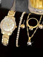 Women's Elegant Fashion Watch & Jewelry Set, Including Round Dial Quartz Watch & Bracelet & Pendants Necklace & Ring & Earrin...