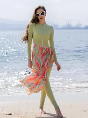 Women's Plain / All Over Print Zip Up Jumpsuit & Cover Up Skirt Set, Casual Long Sleeve Swimwear & Cover Up Skirt, Ladies Swi...