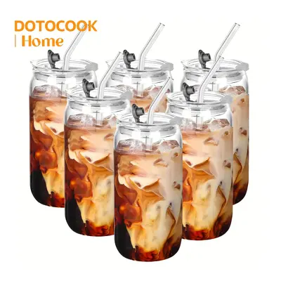 Glass Cup with Lid & Straw & Straw Brush, 2/4/6 Counts 16oz Drinking Glasses, Portable  Iced Coffee Cups  for Home Office Par...