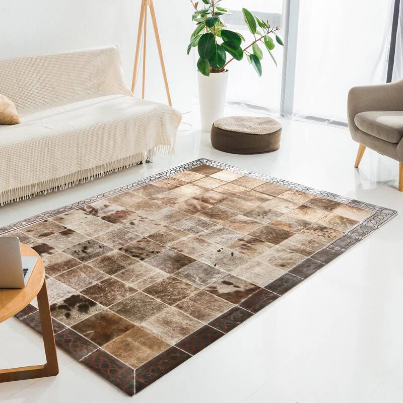 Bronze Leaf Genuine Cowhide Rug with Silver Border