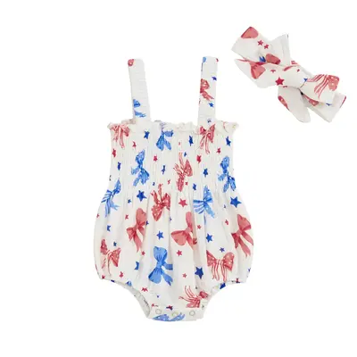 Baby Girls 4th of July Romper Star Bow Print Seeveless Smocked Jumpsuit with Headband 2 Pcs Set