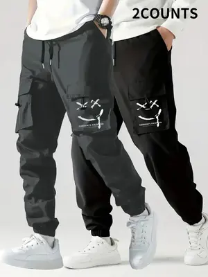 Men's 2pcs Cartoon Face & Letter Print Cargo Pants, Summer Outfits, Casual Regular Fit Pocket Drawstring Waist Jogger Cargo T...