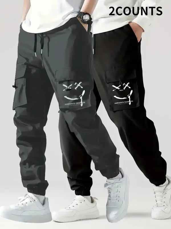 Men's 2pcs Cartoon Face & Letter Print Cargo Pants, Summer Outfits, Casual Regular Fit Pocket Drawstring Waist Jogger Cargo T...