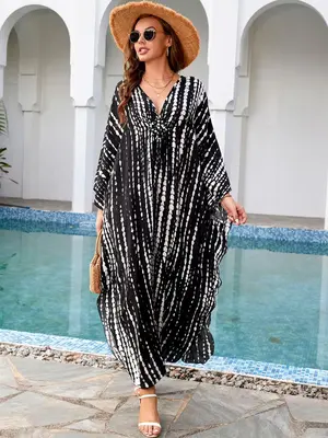 Arabic Clothing-tie Dye Print Split Hem Ruched Batwing Sleeve Dress, Casual Chic Boho Deep V Neck Long Kaftan for Vacation Ev...