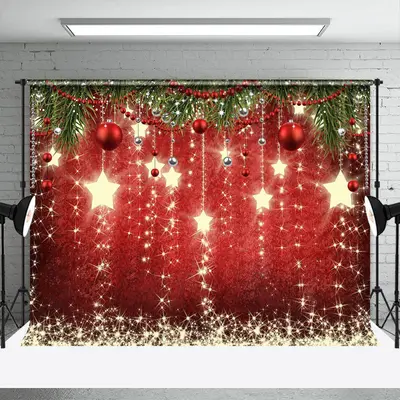 Red Balls Star Glitter Christmas Photo Backdrop - Aperturee