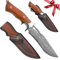 High-end Damascus outdoor straight knife, fixed blade, wooden handle and leather sheath, easy to carry, quick cutting, Christ...