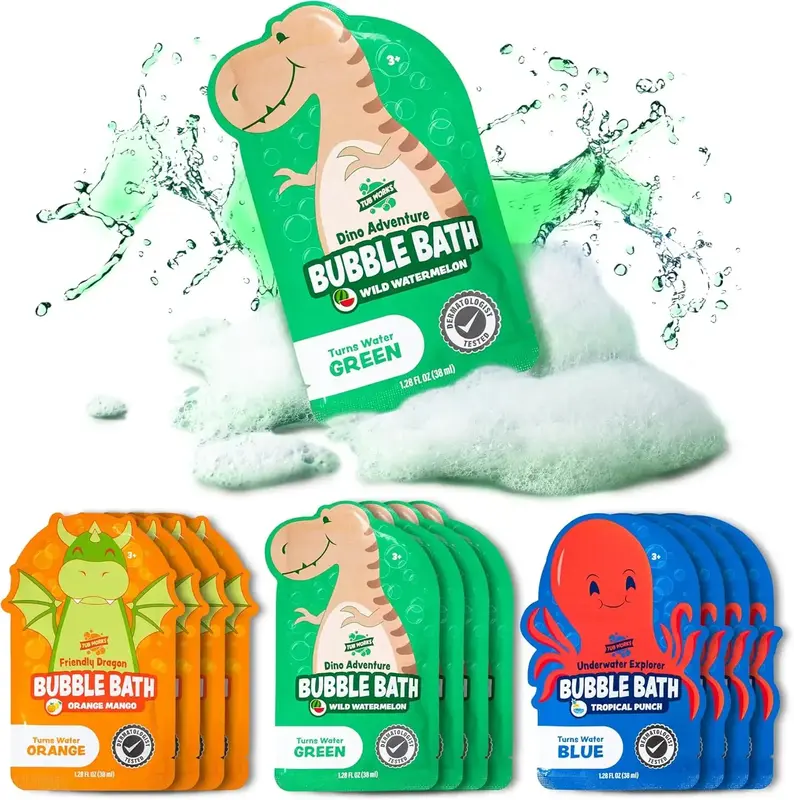 Tub Works Dino Adventure Bubble Bath - Wild Watermelon Scented Color-Changing Pouches for Toddlers & Kids - 12-Pack Non-Toxic...