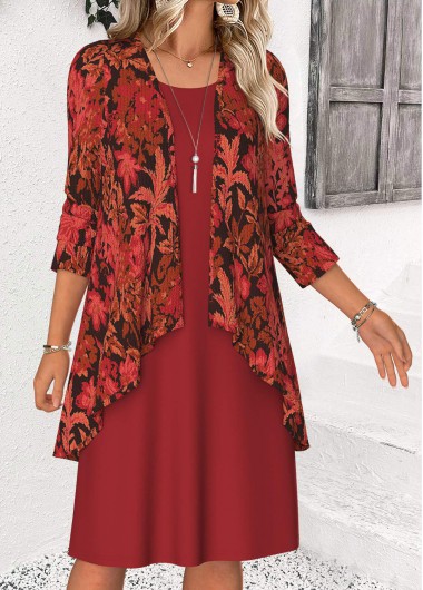 Modlily Red Tummy Coverage Leaf Print Dress and Cardigan - XXL