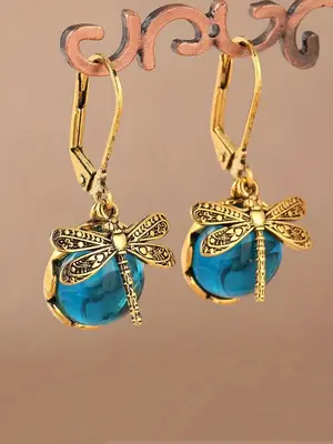 Dragonfly Design Dangle Earrings, Round Synthetic Gems Decor Earrings, Fashionable Alloy Jewelry for Clothing Decor, All-mat...