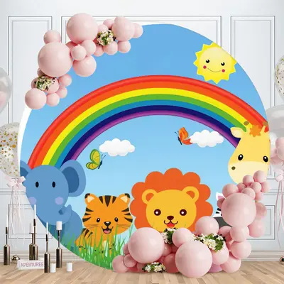 Aperturee Round Rainbow Animal Grassland Happy Birthday Backdrop