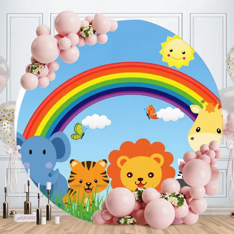 Aperturee Round Rainbow Animal Grassland Happy Birthday Backdrop