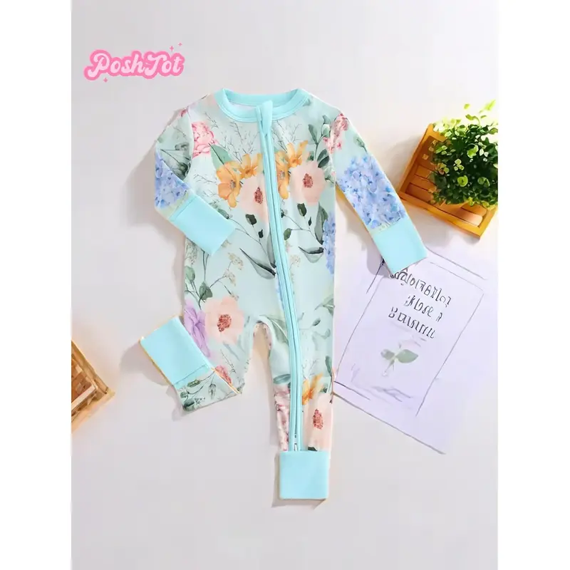 POSHTOT Green flower 220gsm bamboo fiber breathable bamboo baby short sleeve zipper romper bodysuit, lightweight. Easy 2-way ...