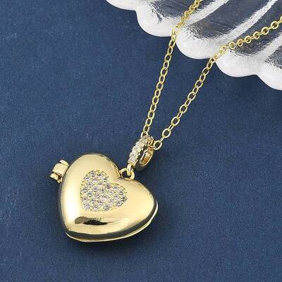 Brass Micro Pave Clear Cubic Zirconia Heart Locket Pendant Necklaces for Women
