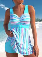 【Plus Size】 Striped Print Tankini Set, Casual Sleeveless Criss Cross Top & Comfortable Swim Bottom, Swimming Suit, Women'...