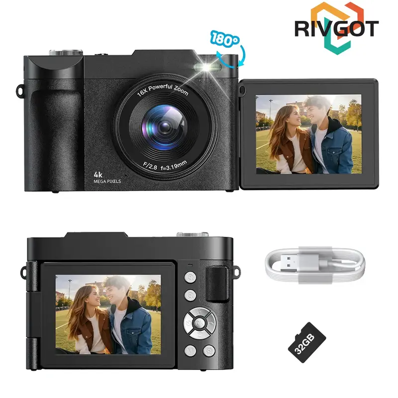 RIVGOT FHD 4K Digital Camera with 32G SD Card, USB Charging 16X Digital Zoom Camera, Portable Mini Camera for Teenagers Stude...