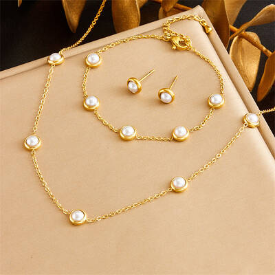 Stainless Steel & Pearl Chain Necklace & Bracelet & Stud Earring