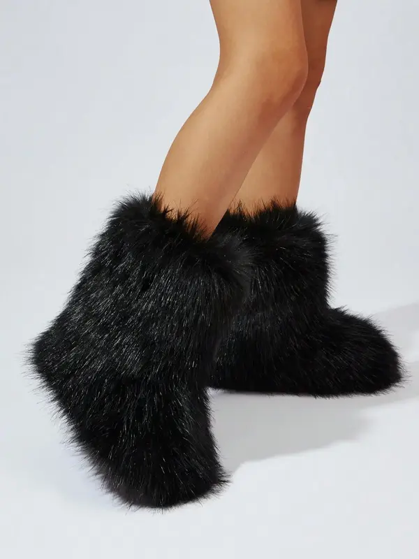 Women's Non-slip Fluffy Faux Fur Snow Boots, Women's Shoes, Casual Comfortable Mid-calf Boots, Winter Warm Shoes for Indoor ...
