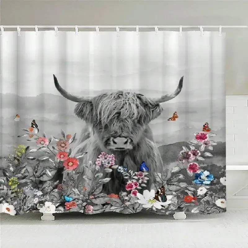 Waterproof Cow & Flowers Print Shower Curtain, 1 Piece Foldable Bathroom Curtain, Adjustable Shower Curtain with Hooks, Home ...