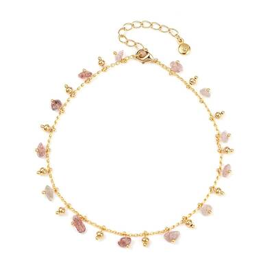 Bohemian Brass Twisted Chain Natural Rose Quartz Chip Tassel Anklets
