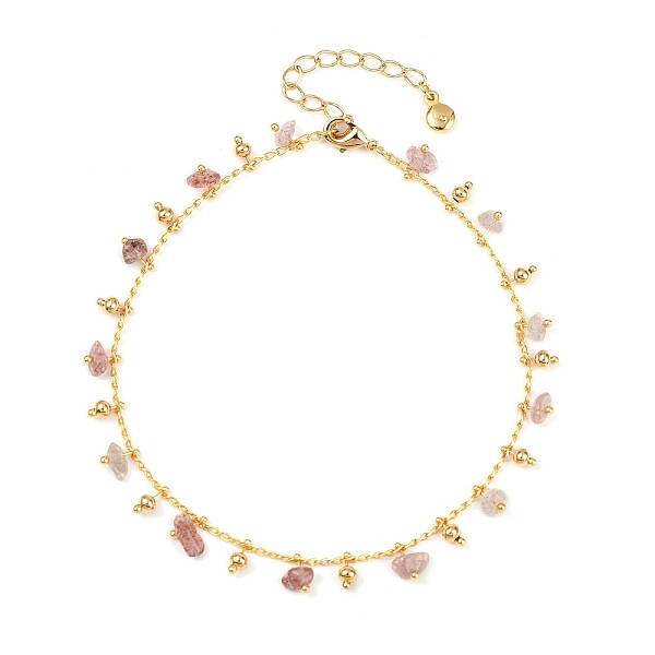 Bohemian Brass Twisted Chain Natural Rose Quartz Chip Tassel Anklets