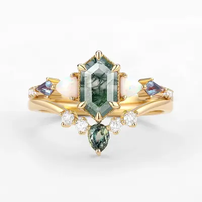 Sterling Silver with Yellow Gold Plated Hexagon Cut Moss Agate Ring