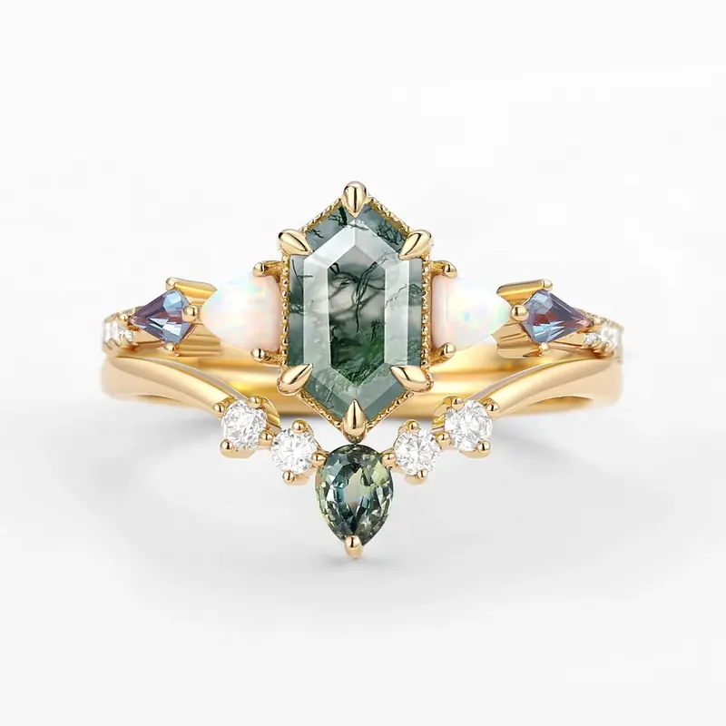 Sterling Silver with Yellow Gold Plated Hexagon Cut Moss Agate Ring