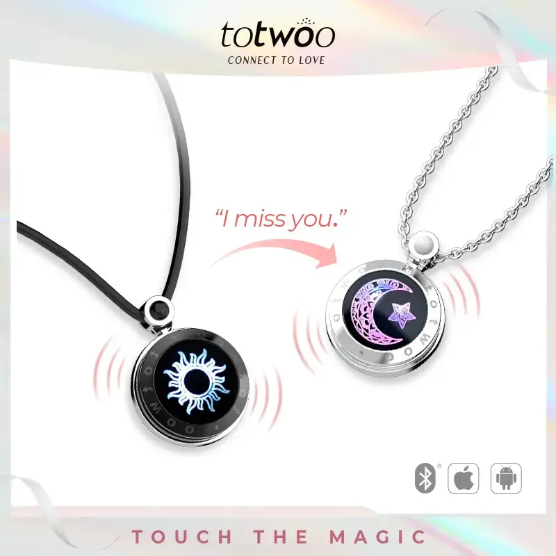 totwoo Sun&Moon Touch Necklaces  Long Distance  with Natural Agate Set for Two Functional Love Connect Gift For Boyfriend or ...