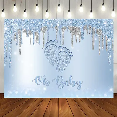 Aperturee Glitter Blue Oh Baby Feet Backdrop Baby Shower
