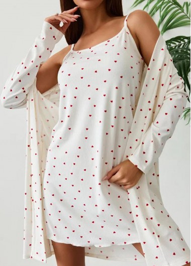 Modlily Beige Heart Print Long Sleeve Camisole and Robe - S