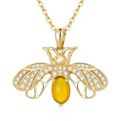 14K Gold Cubic Zirconia & Moonstone Bee Pendant Necklace
