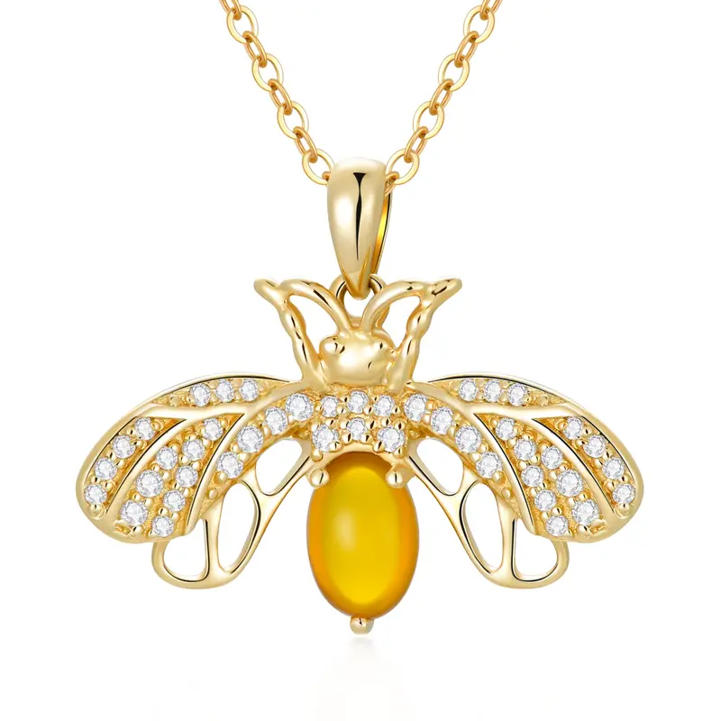 14K Gold Cubic Zirconia & Moonstone Bee Pendant Necklace