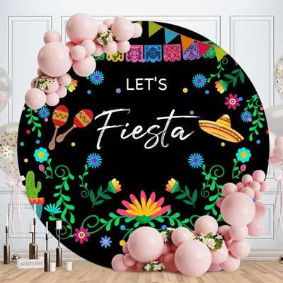Sombrero Flower Maraca Round Mexican Fiesta Backdrop - Aperturee