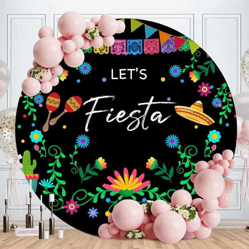 Sombrero Flower Maraca Round Mexican Fiesta Backdrop - Aperturee