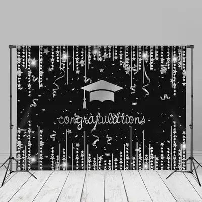Glitter Silver Strings Stars Black Grad Photo Backdrop - Aperturee
