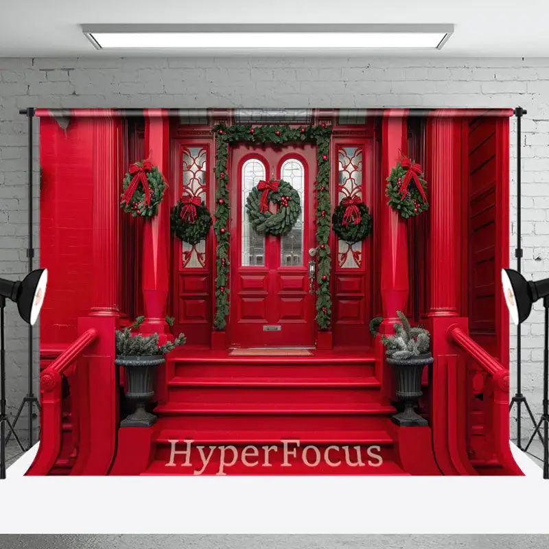 Red Porch Entrance Ladder Festive Christmas Backdrop - Aperturee