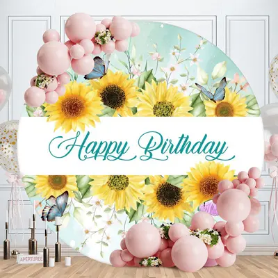 Aperturee Circle Sunflower Butterfly Happy Birthday Backdrop