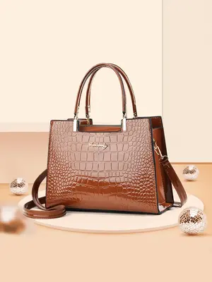 Valentine's Day Fashionable Metal Letter Label Decoration Pu Leather Handbags, Simple Plain Crocodile Pattern Shoulder Bag, B...