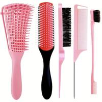 Gift Hair Styling Tool Set, 5 Counts/set Pink Teasing Hair Brush & Pointed Tail Comb & Double Sided Control Hair Brush, Prof...