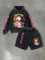 Men's Letter & Star Print Hoodie & Shorts Two-piece Set, Regular Fit Casual Fashion Cozy Breathable Two Piece Outfits for Dai...