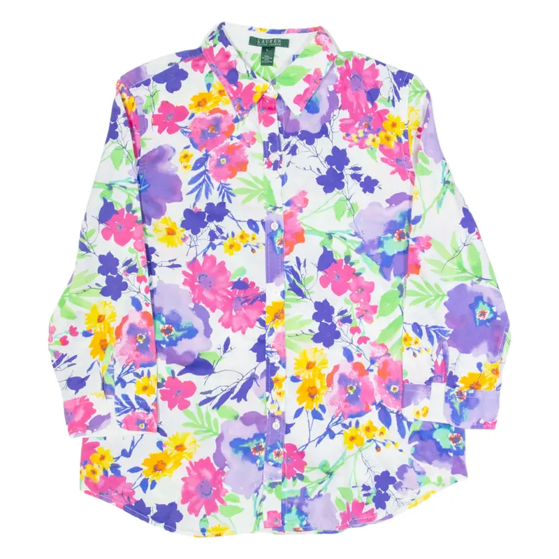 LAUREN RALPH LAUREN Womens Printed Shirt White Collared 3/4 Sleeve Floral L