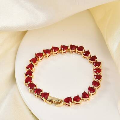 Brass Micro Pave Red Cubic Zirconia Link Chain Bracelets for Women