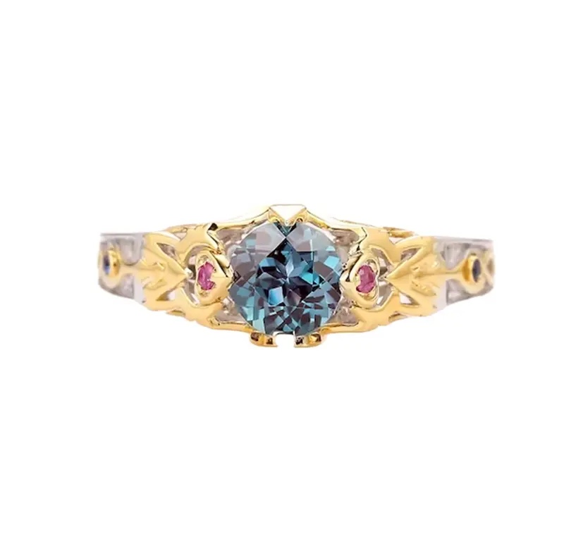 10K Two-Tone Gold Round Cut Alexandrite Zelda Triforce Engagement Promise Ring June Birthstone Ring For Her