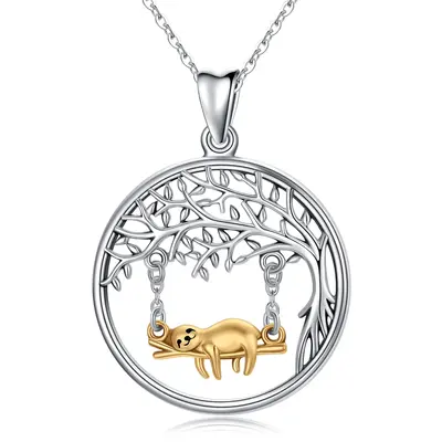 Sterling Silver Two-tone Sloth & Tree Of Life & Round Pendant Necklace