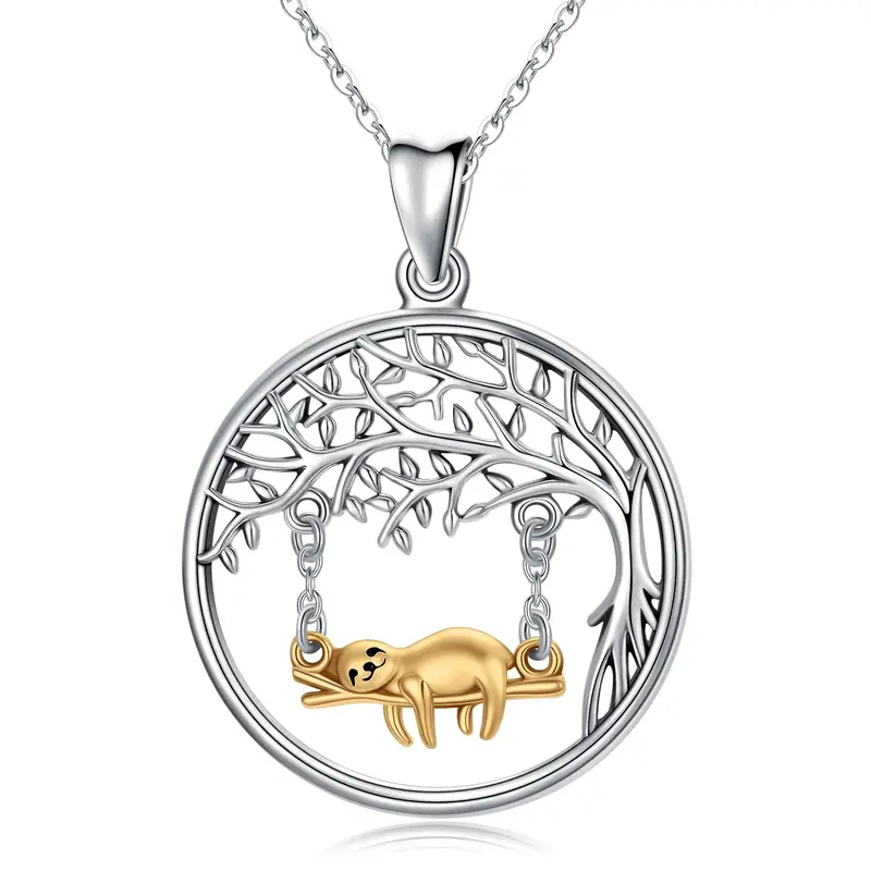 Sterling Silver Two-tone Sloth & Tree Of Life & Round Pendant Necklace
