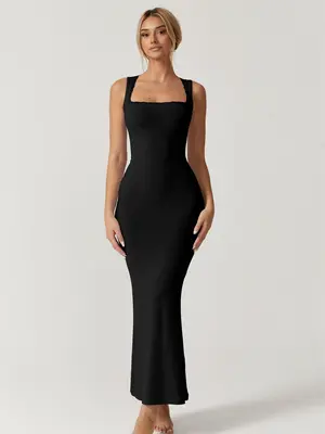 QINSEN Women's Square Neck with Lace Detail Long Maxi Dress Sleeveless Lounge Ribbed Full Length Dresses Casual Comfortable