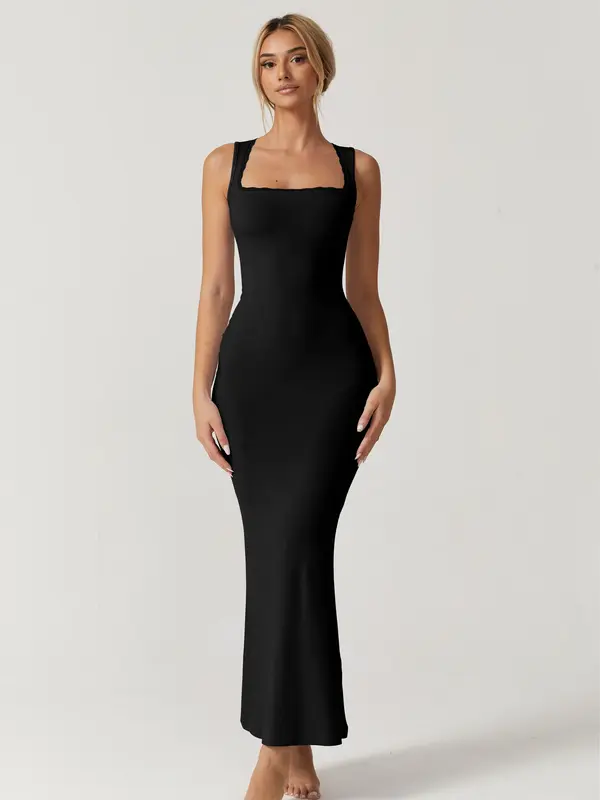 QINSEN Women's Square Neck with Lace Detail Long Maxi Dress Sleeveless Lounge Ribbed Full Length Dresses Casual Comfortable