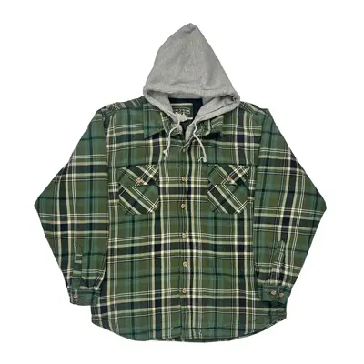 Hooded Flannel Field & Stream Checked Overshirt - 2XL Green Cotton