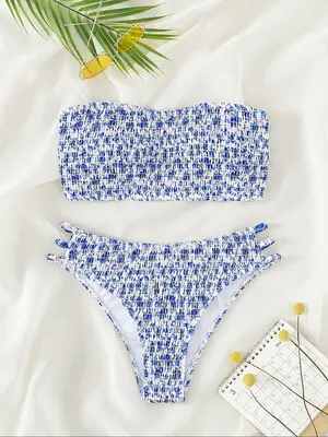 Two-Piece Set Women's Ditsy Floral Print Cut Out Shirred Bandeau Bikini Set, Casual Strapless Swim Top & Swim Bottom Swimsuit...